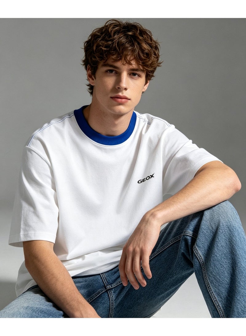 Geox Men Contrast Collar Short Sleeve Casual Oversized Daily Summer T-Shirt White Blue Collar - Image 1