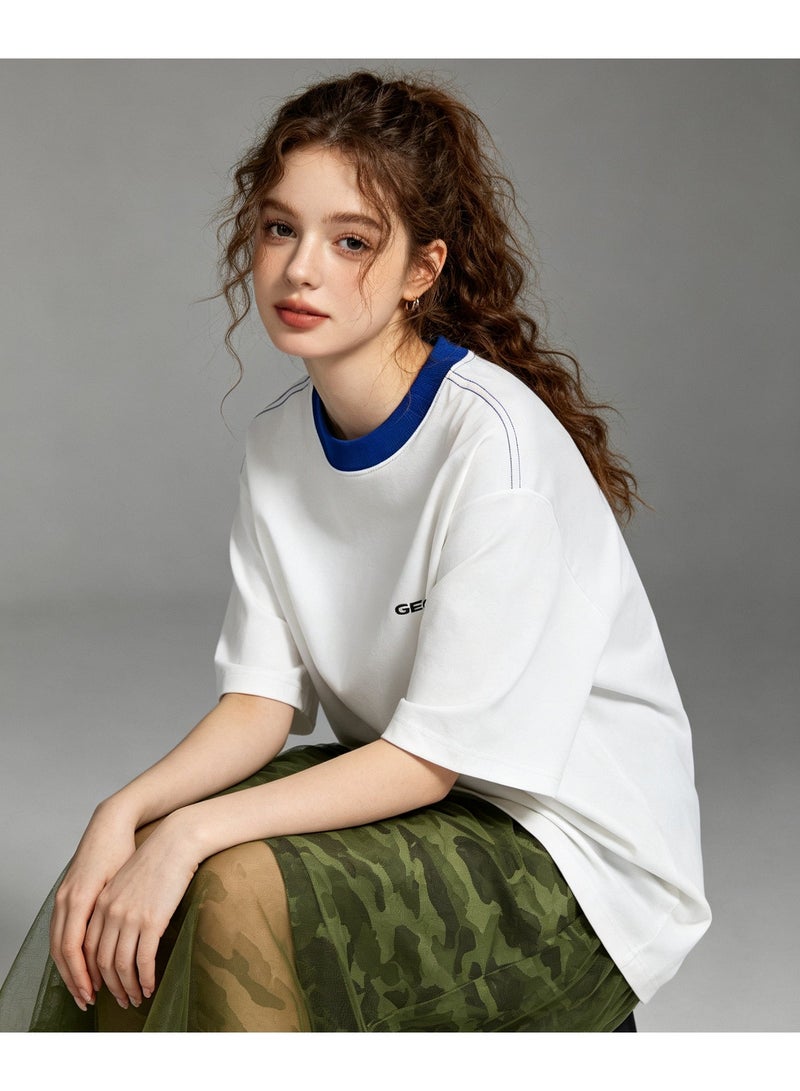Geox Men Contrast Collar Short Sleeve Casual Oversized Daily Summer T-Shirt White Blue Collar - Image 3