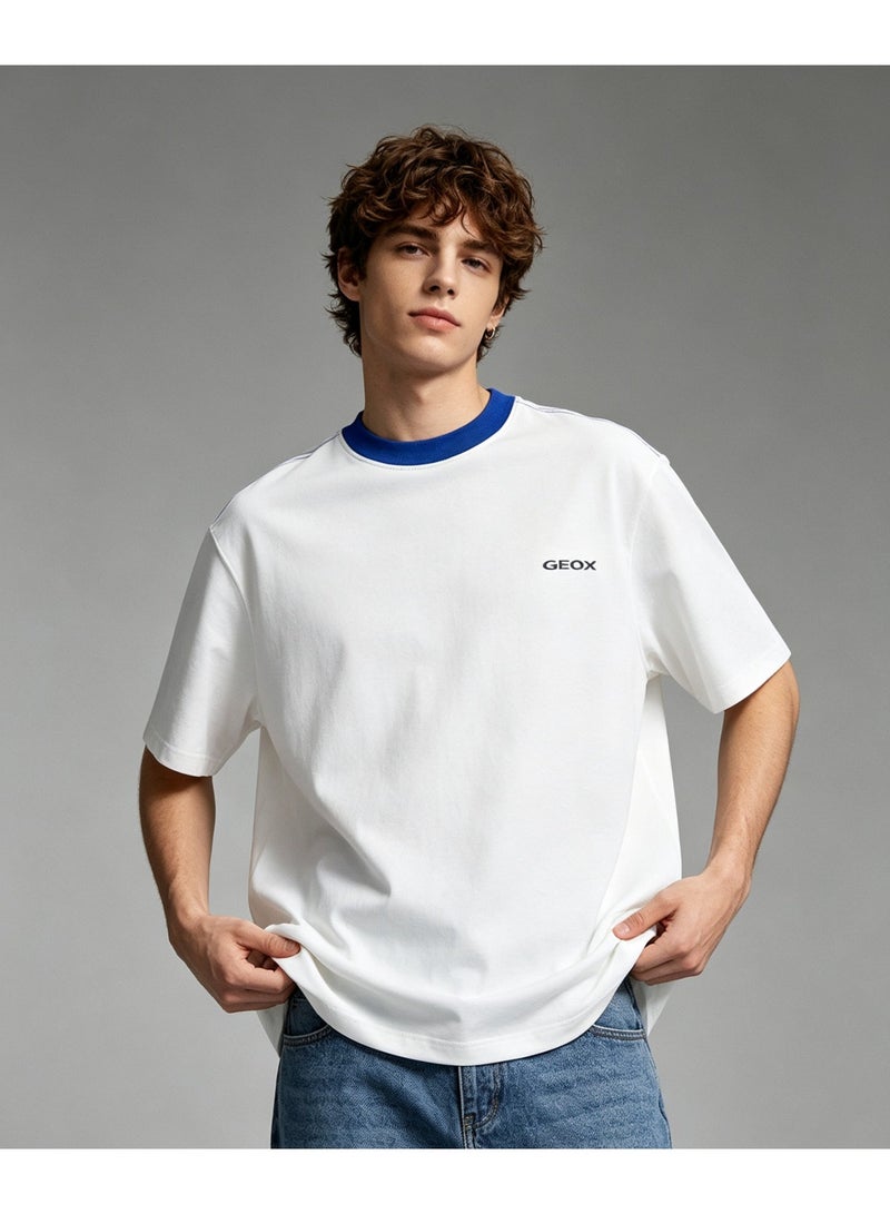 Geox Men Contrast Collar Short Sleeve Casual Oversized Daily Summer T-Shirt White Blue Collar - Image 2