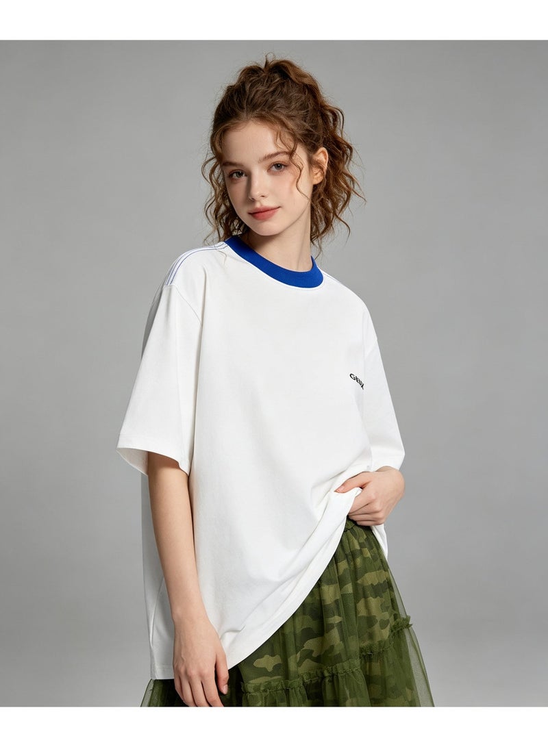 Geox Men Contrast Collar Short Sleeve Casual Oversized Daily Summer T-Shirt White Blue Collar - Image 5