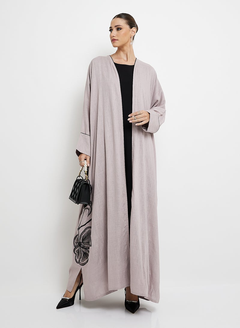 Rosette Abaya Elegant Bisht style with black piping embroidery - Image 1