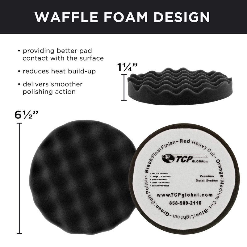 TCP Global 6.5" Black Waffle Foam Buffing Pad Hook and Loop Backing - Final Finishing Pad for Polishing, Automotive, Marine, Truck, RV & Compound Cutting, Car Polishing Pads - Image 3