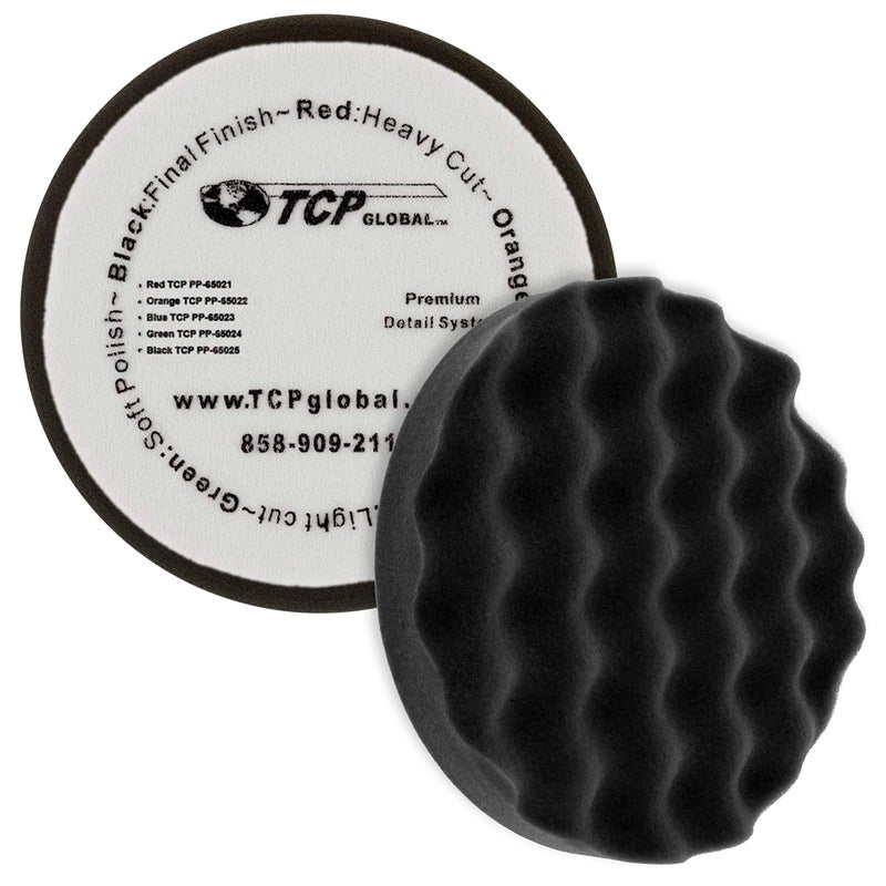 TCP Global 6.5" Black Waffle Foam Buffing Pad Hook and Loop Backing - Final Finishing Pad for Polishing, Automotive, Marine, Truck, RV & Compound Cutting, Car Polishing Pads - Image 1