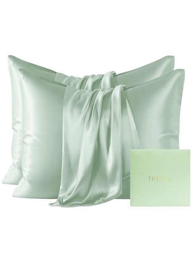 THXSILK Mulberry Silk Pillowcase Queen Size, Set of 2 Pillowcases, Pillow Cover with Hidden Zipper, Soft Smooth Cooling Pillowcases for Hair and Skin, Gift for Women Men, Mint Green - Image 1