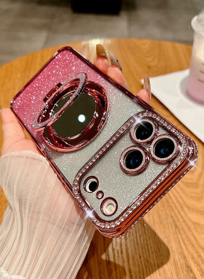 Magnetic Glitter Case for iPhone 17 Pro Max，Shiny Full Camera Lens Protector，Sparkly Ring Makeup Mirror Holder，Luxury Diamond Edge， Premium Fashion Gradient Shockproof iPhone 17 Pro Max Cover﻿ for Women Girls Gift - Image 1