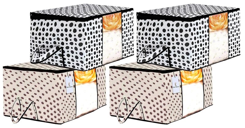 Kuber Industries Polka Dot Design 4 Piece Non Woven Fabric Underbed Storage BagCloth OrganiserBlanket Cover with Transparent Window Cream White CTKTC41089 - Image 1