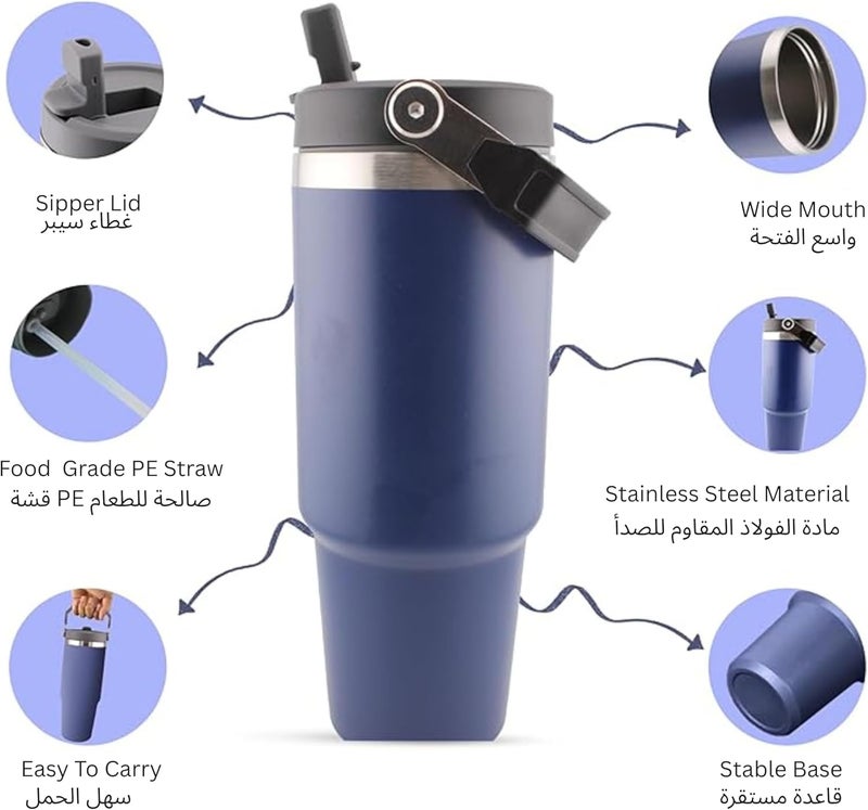 Cravista Insulated Travel Cup with Handle, Stainless Steel Double Wall Vacuum Tumbler with Straw & Lids Reusable Water Bottle Trave for Water Iced Tea Coffee (Navy Blue, 900ML) - Image 2