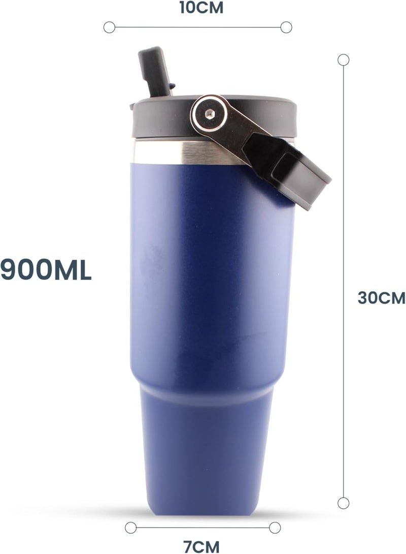 Cravista Insulated Travel Cup with Handle, Stainless Steel Double Wall Vacuum Tumbler with Straw & Lids Reusable Water Bottle Trave for Water Iced Tea Coffee (Navy Blue, 900ML) - Image 3