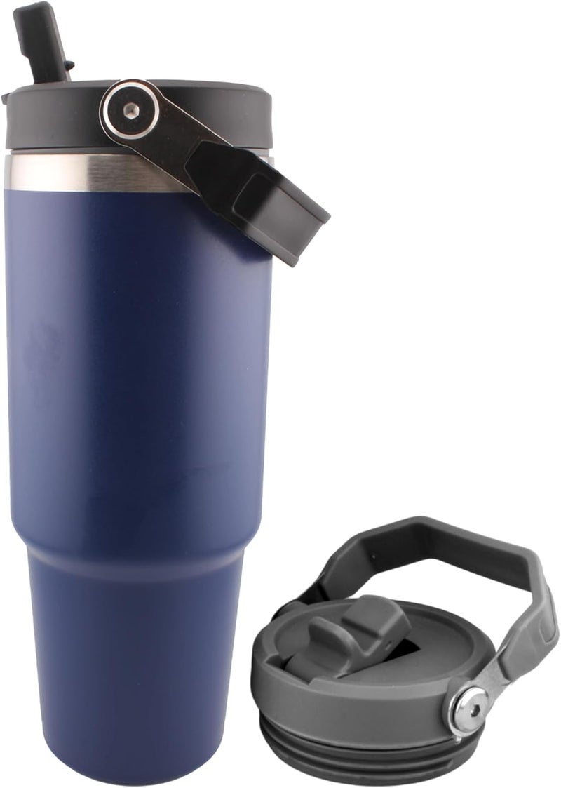 Cravista Insulated Travel Cup with Handle, Stainless Steel Double Wall Vacuum Tumbler with Straw & Lids Reusable Water Bottle Trave for Water Iced Tea Coffee (Navy Blue, 900ML) - Image 1