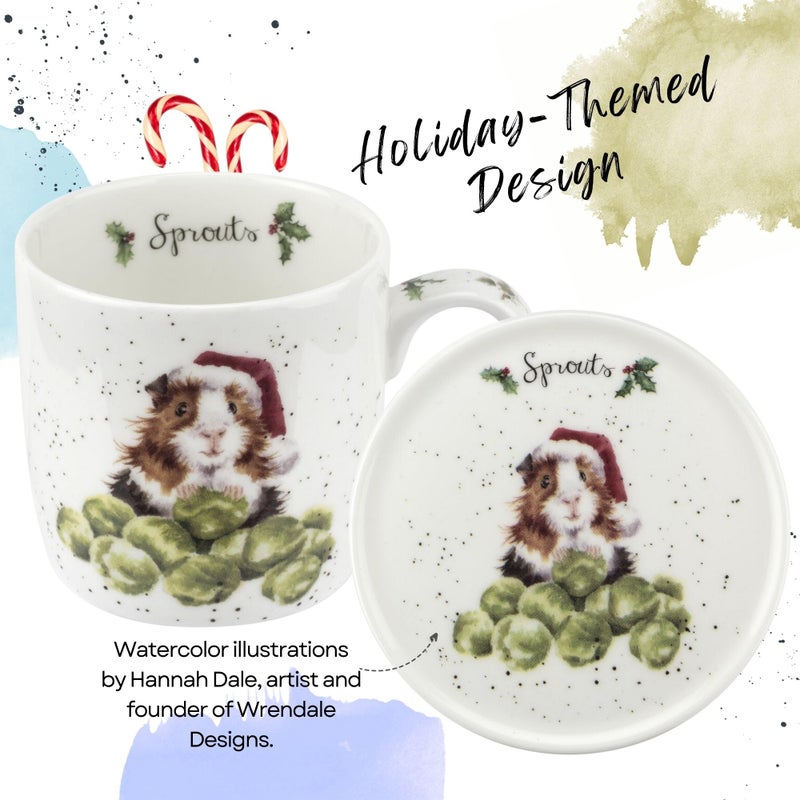Royal Worcester Wrendale Designs Sprouts 11 Oz Mug & Coaster Set, Fine Bone China Coffee Mug with Adorable Guinea Pig in Santa Hat, Dishwasher & Microwave Safe - Festive Gift for Animal Lovers - Image 3