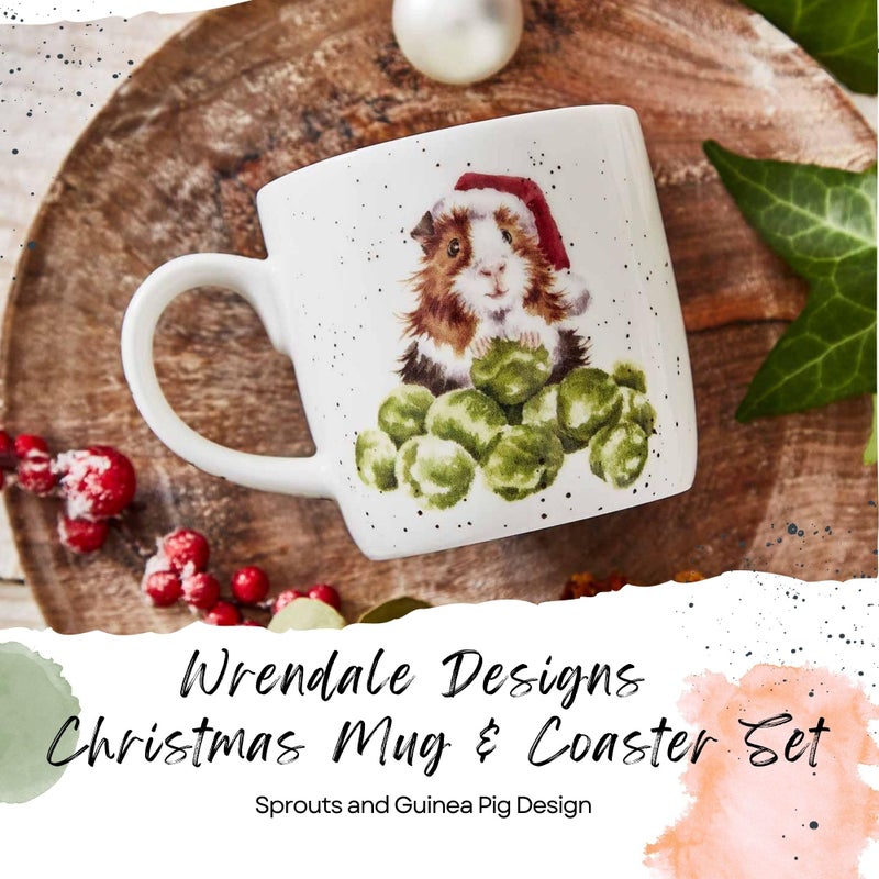 Royal Worcester Wrendale Designs Sprouts 11 Oz Mug & Coaster Set, Fine Bone China Coffee Mug with Adorable Guinea Pig in Santa Hat, Dishwasher & Microwave Safe - Festive Gift for Animal Lovers - Image 2