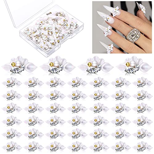 Tinlade 50 Pcs White 3D Flower Nail Charms Acrylic Flowers Star Charm for Nail Gems and Rhinestones with Pearl Beads Crystals Blossom Summer Supplies for DIYFlower StyleWhite