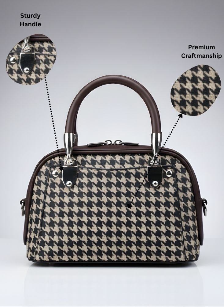 بريميم حقيبة يد بنقشة مربعات بنية وبيج - حقيبة يد نسائية بنقشة كلاسيكية ومقبض بني داكن - Image 2