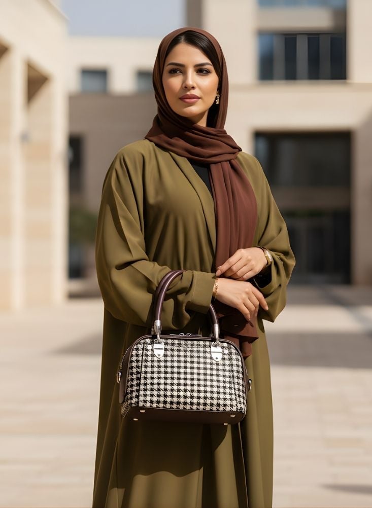 بريميم حقيبة يد بنقشة مربعات بنية وبيج - حقيبة يد نسائية بنقشة كلاسيكية ومقبض بني داكن - Image 3