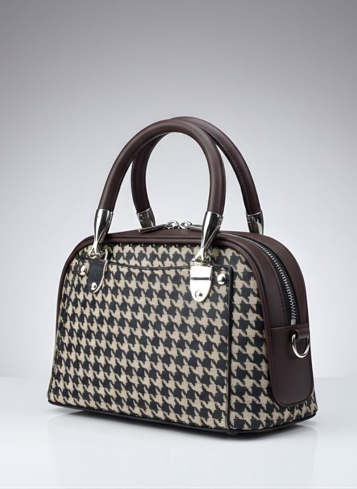 بريميم حقيبة يد بنقشة مربعات بنية وبيج - حقيبة يد نسائية بنقشة كلاسيكية ومقبض بني داكن - Image 1