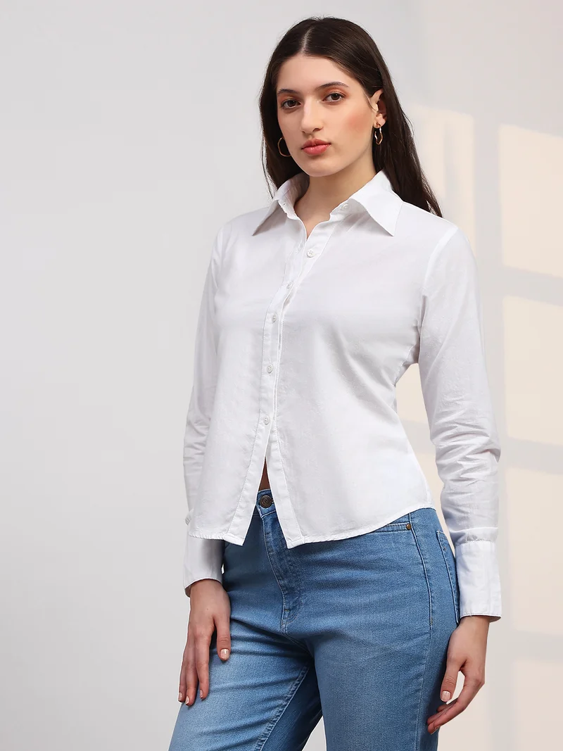 globus Globus Women White Spread Collar Cuffed Sleeves Back Tie-Up Detail Curved Hem Workwear Shirt