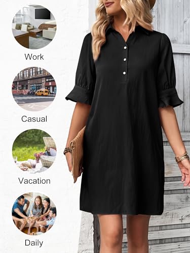 FENSACE Black Dresses for Women 2025 Spring Casual Summer Work Dress Shift Business Shirt Dress - Image 3