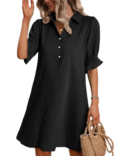 FENSACE Black Dresses for Women 2025 Spring Casual Summer Work Dress Shift Business Shirt Dress - Image 1