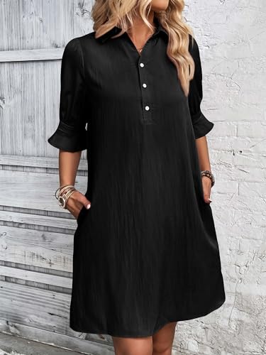 FENSACE Black Dresses for Women 2025 Spring Casual Summer Work Dress Shift Business Shirt Dress - Image 2