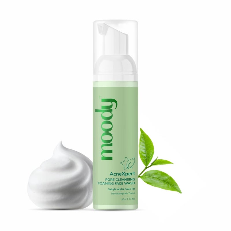 Moody Acnexpert Foaming Face Wash Cleanser for Oily Acne Prone Skin with 2 Salicylic Acid Green Tea Alcohol Sulphate Free Face Wash for Men Women Suitable for All Skin Type 80ml - Image 1