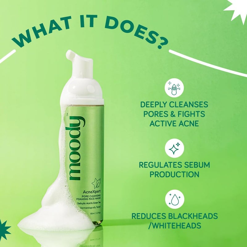 Moody Acnexpert Foaming Face Wash Cleanser for Oily Acne Prone Skin with 2 Salicylic Acid Green Tea Alcohol Sulphate Free Face Wash for Men Women Suitable for All Skin Type 80ml - Image 2