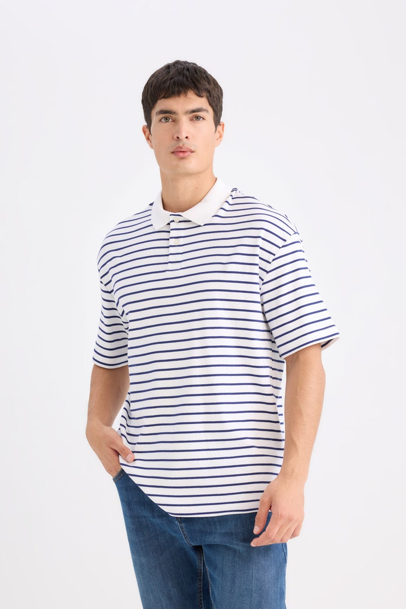 DeFacto Man Relax Fit Striped Short Sleeve Ribbed Polo T-Shirt - Image 4