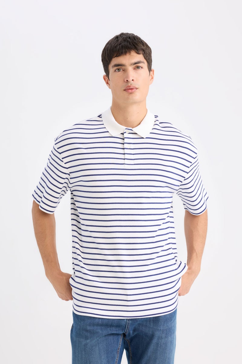 DeFacto Man Relax Fit Striped Short Sleeve Ribbed Polo T-Shirt - Image 1