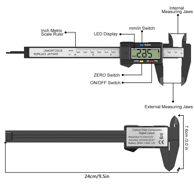 ToolHouse Electronic Digital Caliper, Dimensional Measurement Caliper, Caliper Measuring Tool with Inch/Millimeter Conversion, LCD Digital Electronic Carbon Fiber Vernier Caliper Gauge Micrometer - Image 5