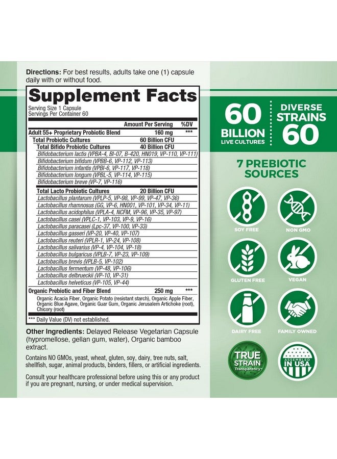 فيتل بلانت Vital Planet - Vital Flora Adults Over 55 Daily Probiotic 60 Billion CFU، سلالات متنوعة، بريبايوتيك عضوي، دعم المناعة، تخفيف الغازات، صحة الجهاز الهضمي البروبيوتيك للنساء والرجال 60 كبسولة - Image 2