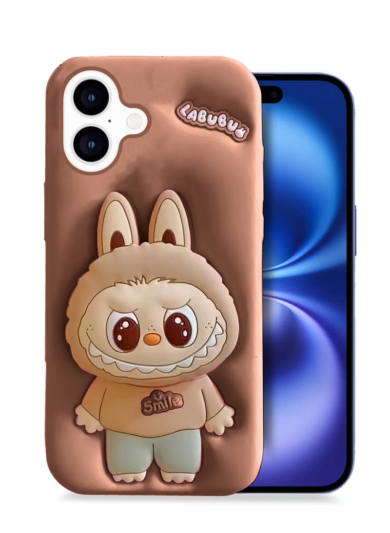 Wtech Apple iPhone 16 Plus 5G 2024 3D Labubu Cartoon Pop Case, Premium Soft Liquid Jelly Silicone Case with Phone Holder Cool Full Protective Cute Aesthetic Case Cover - Brown - Image 1