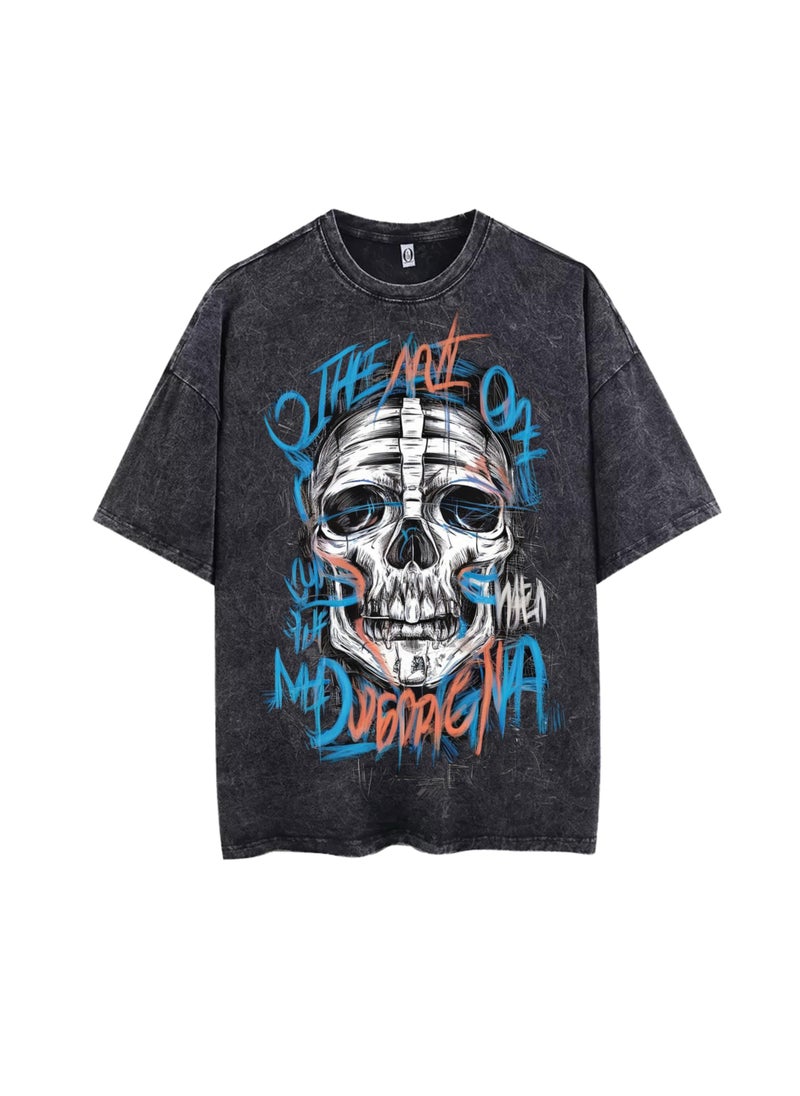 Thirty-One Black Acid Wash Men's Graphic Skull Print Vintage Oversized T-Shirt  - Image 1