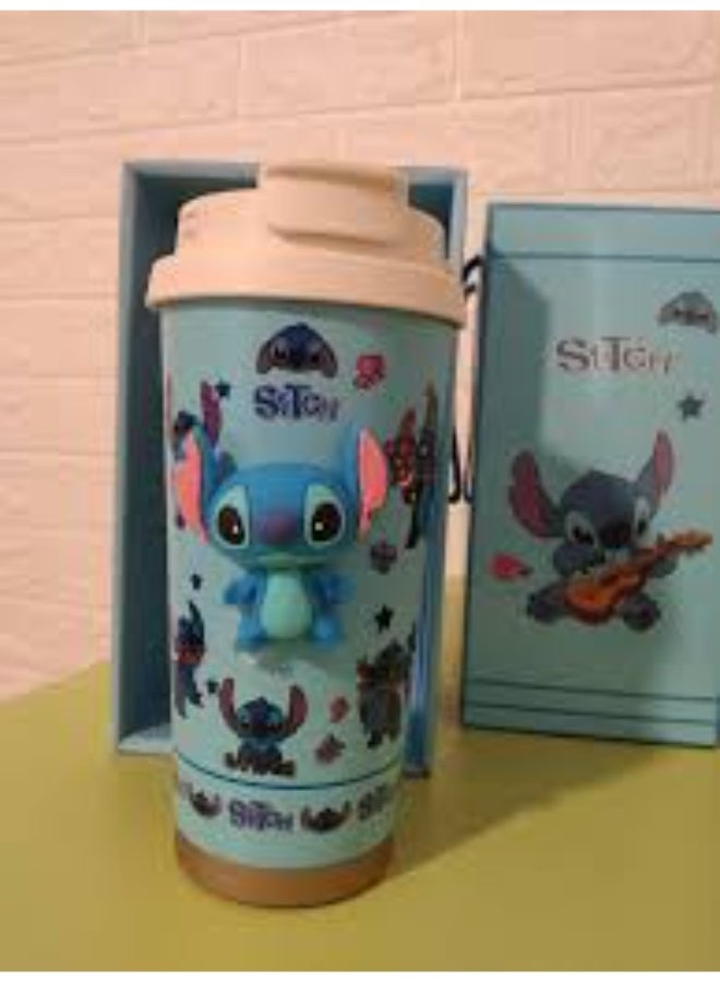 Insulated thermal coffee mug with a 3D Stitch character design, suitable for hot and cold beverages, in blue.