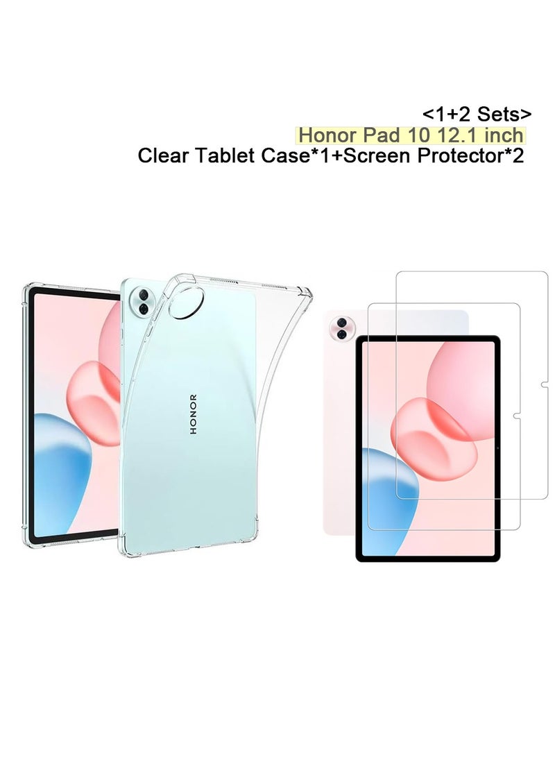 【1+2 Sets】 Tablet Case  Screen Protector Soft Silicone Shock Absorption Protective Cover 9H Tempered Glass Film HD For Honor Pad 10 12.1 inch Clear