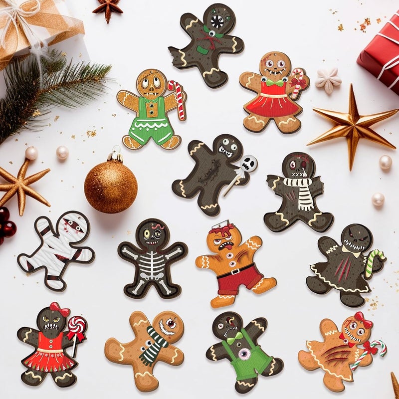 Kajaia 36 Pcs Ginger Dead Man Horror Wooden Ornament Goth Gingerbread Man Christmas Tree Hanging Ornaments Creepy Spooky Scary Prop Christmas Decorations for Christmas Tree Ornament - Image 3