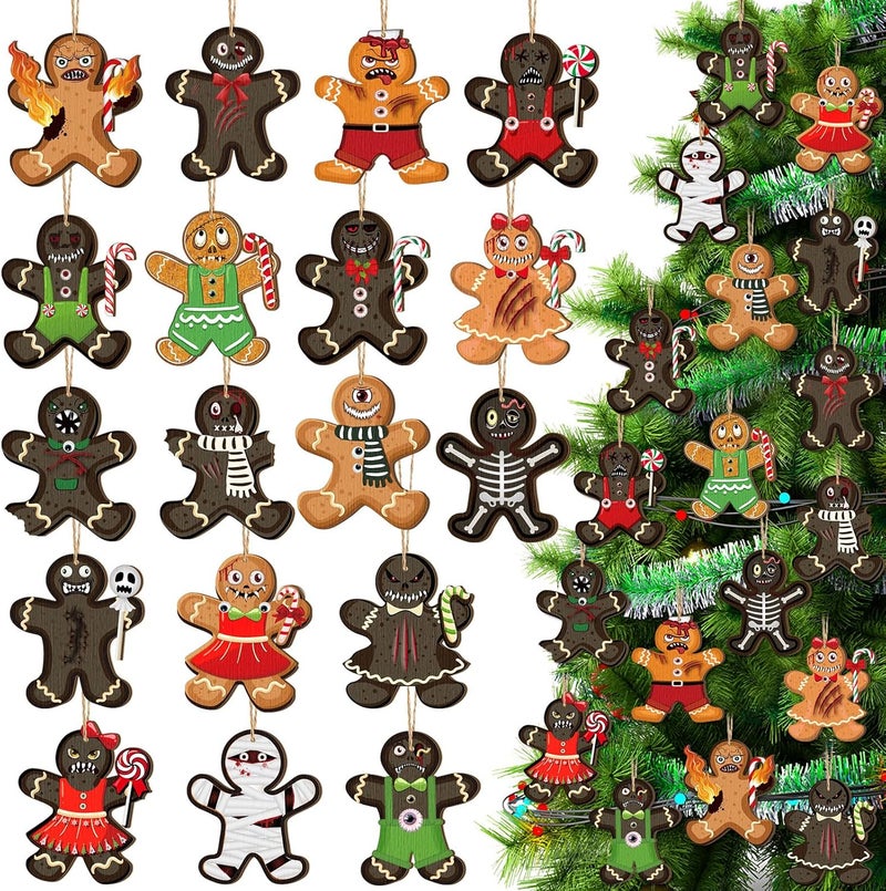 Kajaia 36 Pcs Ginger Dead Man Horror Wooden Ornament Goth Gingerbread Man Christmas Tree Hanging Ornaments Creepy Spooky Scary Prop Christmas Decorations for Christmas Tree Ornament - Image 1