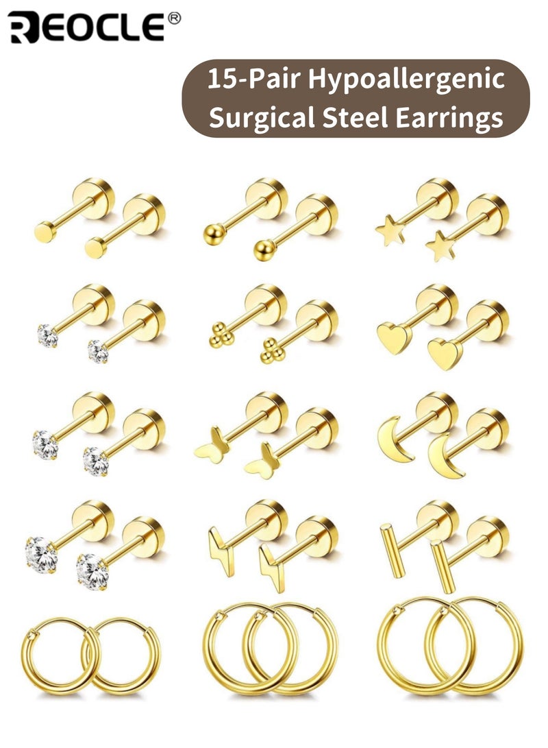 REOCLE 15 Pair Hypoallergenic Surgical Steel Earrings for Sensitive Ears Flat Back Stud Earrings Small Stainless Steel Hoop with Screw Back Secure Fit Comfortable to Wear Ideal for Multiple Piercings for Women and Men - Image 1