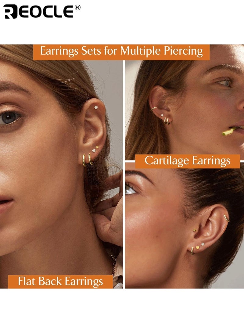 REOCLE 15 Pair Hypoallergenic Surgical Steel Earrings for Sensitive Ears Flat Back Stud Earrings Small Stainless Steel Hoop with Screw Back Secure Fit Comfortable to Wear Ideal for Multiple Piercings for Women and Men - Image 3