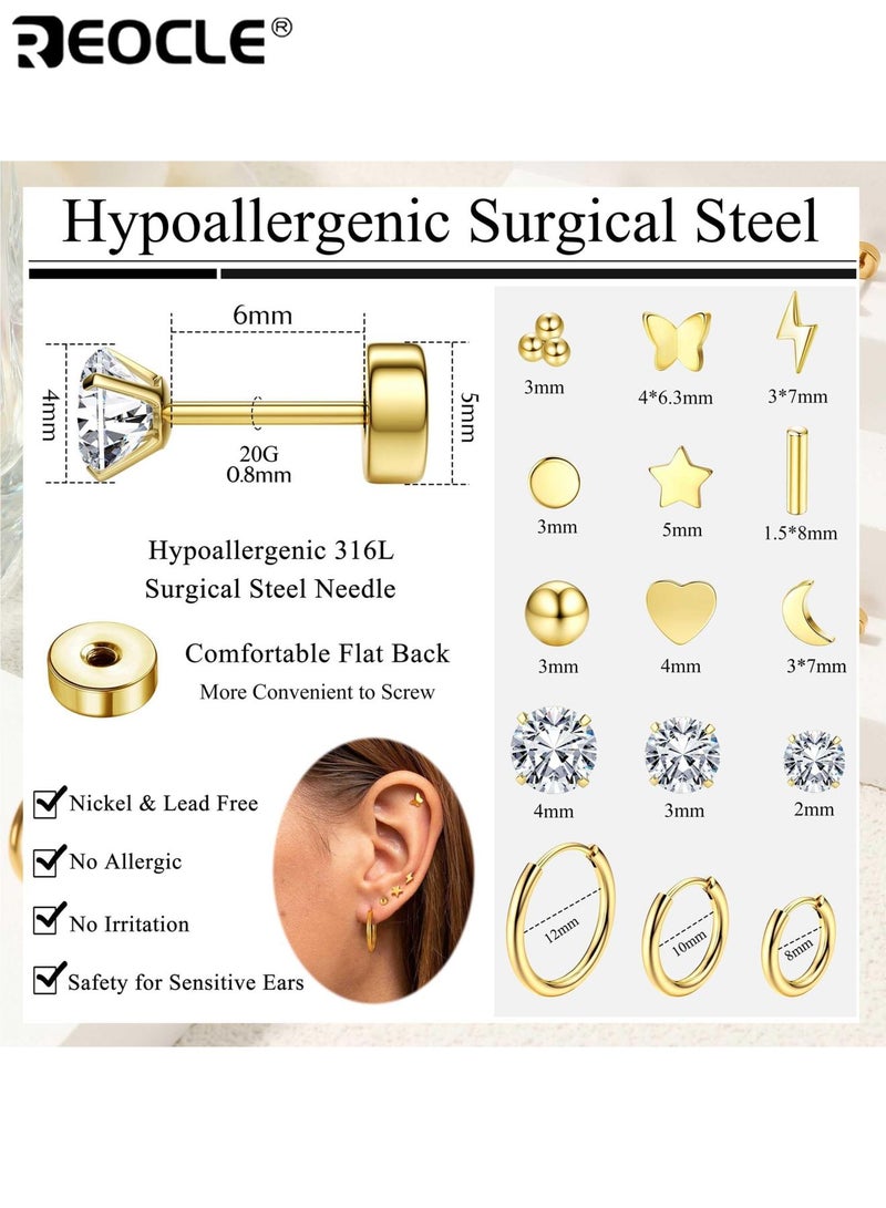 REOCLE 15 Pair Hypoallergenic Surgical Steel Earrings for Sensitive Ears Flat Back Stud Earrings Small Stainless Steel Hoop with Screw Back Secure Fit Comfortable to Wear Ideal for Multiple Piercings for Women and Men - Image 5
