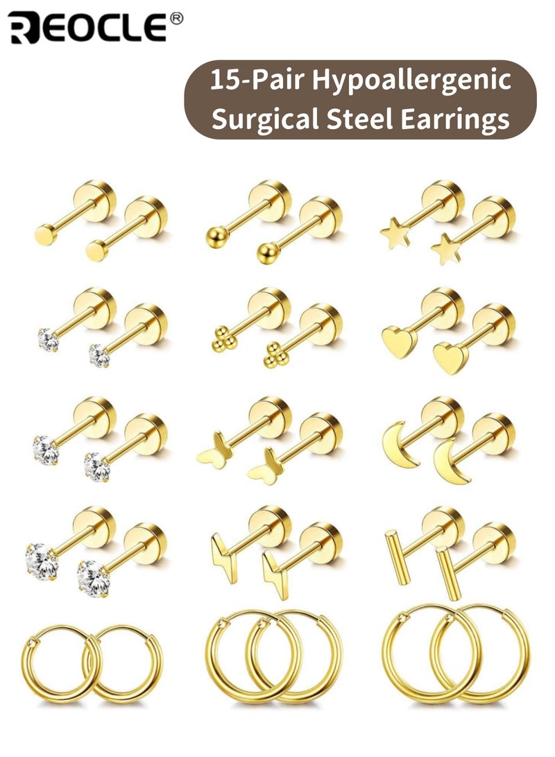 REOCLE 15 Pair Hypoallergenic Surgical Steel Earrings for Sensitive Ears Flat Back Stud Earrings Small Stainless Steel Hoop with Screw Back Secure Fit Comfortable to Wear Ideal for Multiple Piercings for Women and Men - Image 1