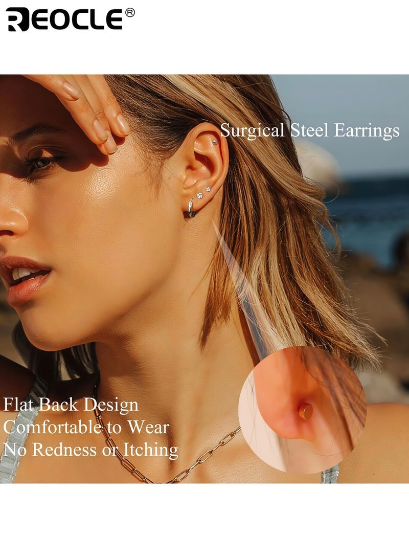 REOCLE 15 Pair Hypoallergenic Surgical Steel Earrings for Sensitive Ears Flat Back Stud Earrings Small Stainless Steel Hoop with Screw Back Secure Fit Comfortable to Wear Ideal for Multiple Piercings for Women and Men - Image 3