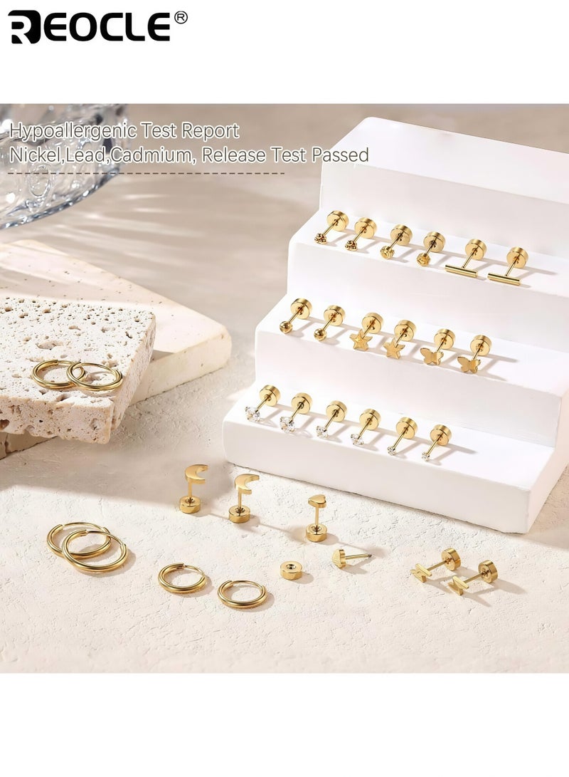 REOCLE 15 Pair Hypoallergenic Surgical Steel Earrings for Sensitive Ears Flat Back Stud Earrings Small Stainless Steel Hoop with Screw Back Secure Fit Comfortable to Wear Ideal for Multiple Piercings for Women and Men - Image 4