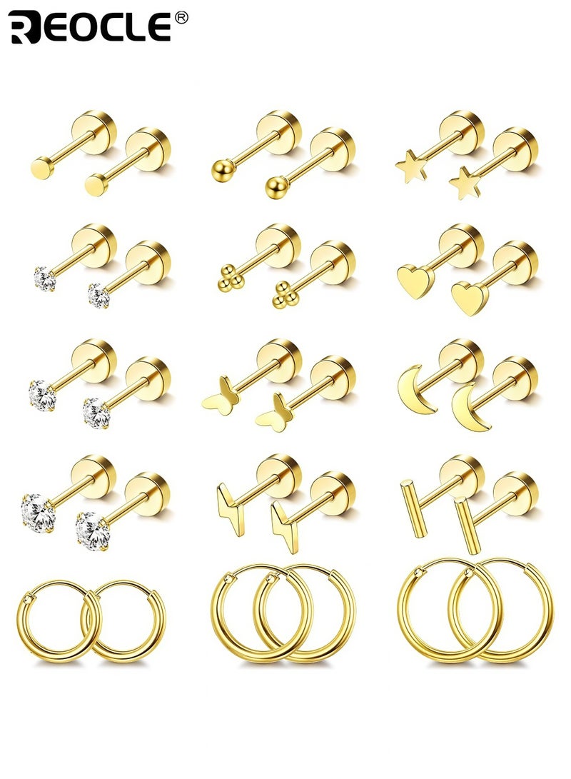 REOCLE 15 Pair Hypoallergenic Surgical Steel Earrings for Sensitive Ears Flat Back Stud Earrings Small Stainless Steel Hoop with Screw Back Secure Fit Comfortable to Wear Ideal for Multiple Piercings for Women and Men - Image 1