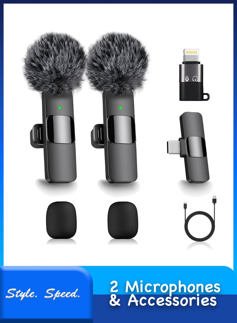 Wireless Lavalier Microphone, 2 Wireless Mics with Type-C & Lightning Adapter, Dual Noise Reduction Clip-on Mic for iPhone, Android, Video Recording, TikTok, Zoom, 2 Windshields - Image 1