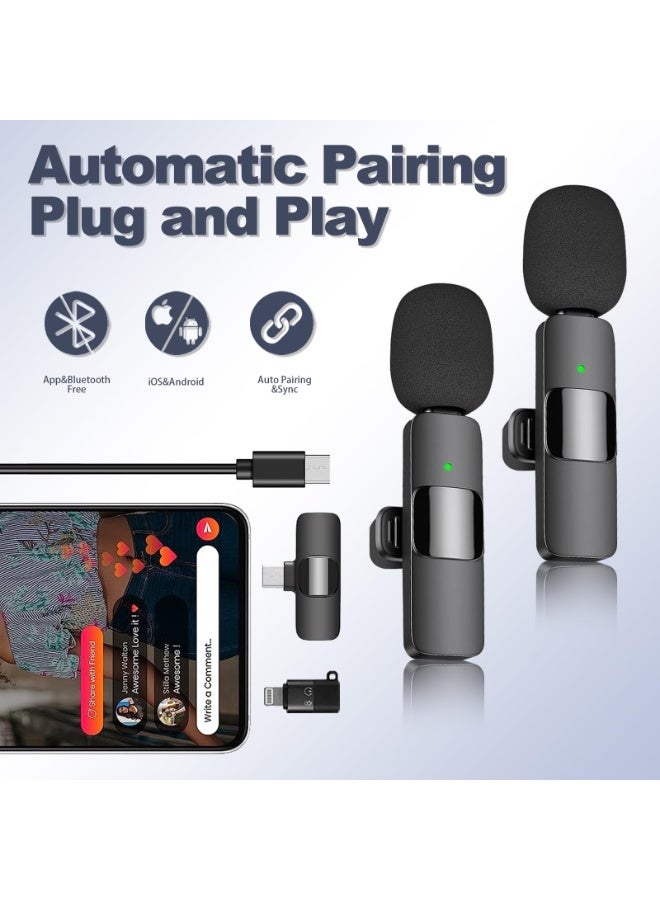 Wireless Lavalier Microphone, 2 Wireless Mics with Type-C & Lightning Adapter, Dual Noise Reduction Clip-on Mic for iPhone, Android, Video Recording, TikTok, Zoom, 2 Windshields - Image 2