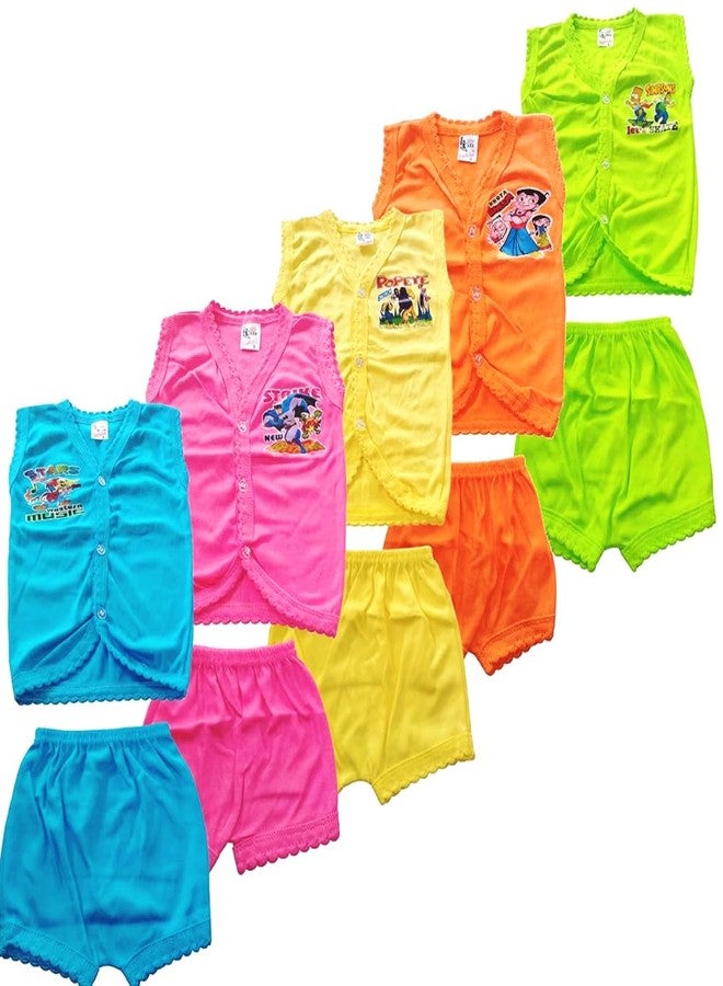 Fassify® New Born Baby Boy & Girls Stylish Trendy Jablas/Top/TShirt and Shorts Dress set with front button open. Pack of 5pc combo set (0-6 Months)(Multicolor) - Image 1