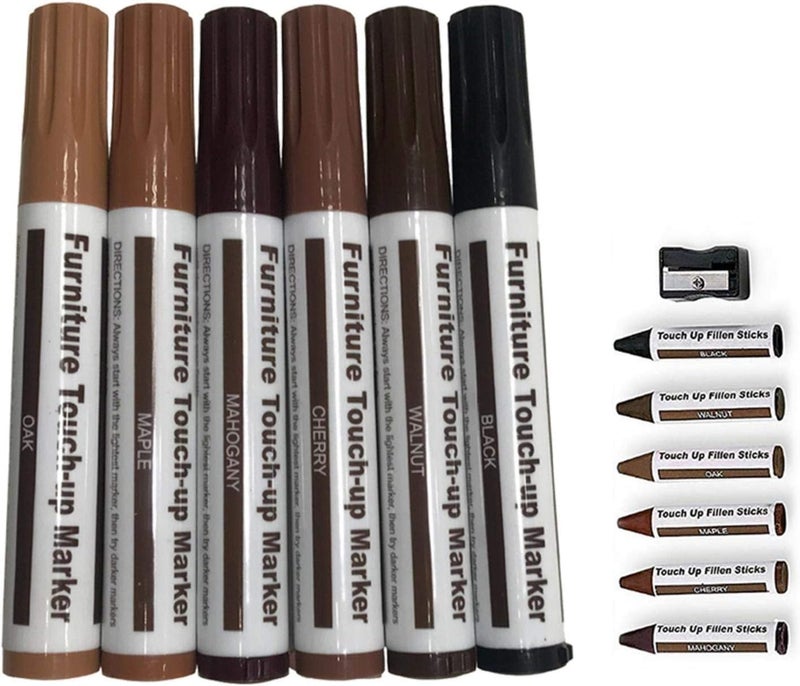 Professional Wood Repair Kit, 13-Piece Furniture Touch Up Marker Set with Wax Fillers and Sharpener, Repair Scratches on Wooden Cabinets, Floors, Tables and Doors