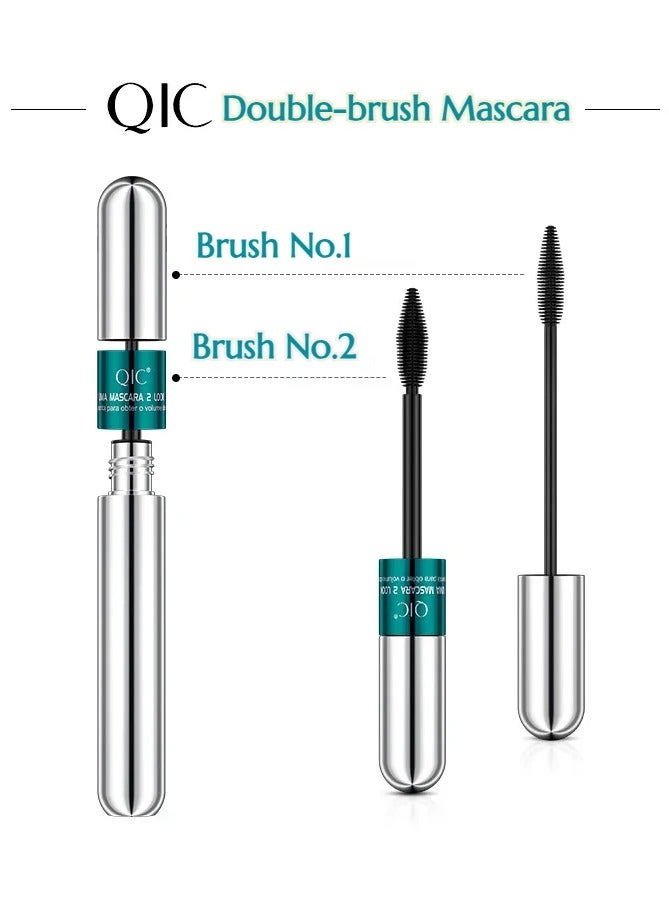QIC ماسكارا تأثير مزدوج 4D برأسين فرشاة مقاومة للماء طويلة التجعيد طبيعية كثيفة الرموش 2 في 1 باللون الأسود - Image 2