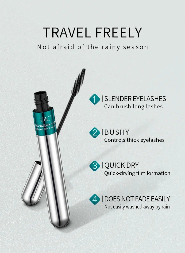 QIC ماسكارا تأثير مزدوج 4D برأسين فرشاة مقاومة للماء طويلة التجعيد طبيعية كثيفة الرموش 2 في 1 باللون الأسود - Image 4