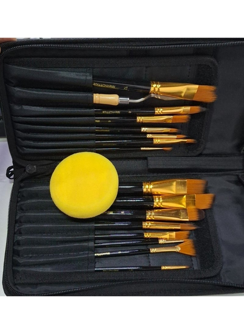 MemOffice MEM OFFICE 15-Piece Professional Paint Brush Set with Storage Case & Sponge for Acrylic Watercolor Oil Painting - Image 1
