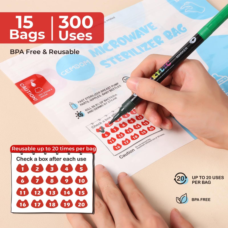 Gemdom 15 Pack Microwave Steam Sterilizer Bags Plus, Large Size for Baby Bottles Soothers, Teethers, Breast Pump Parts, Training Cups and Accessories, 20 Uses Per Bag, Baby Travel Essential - Image 3
